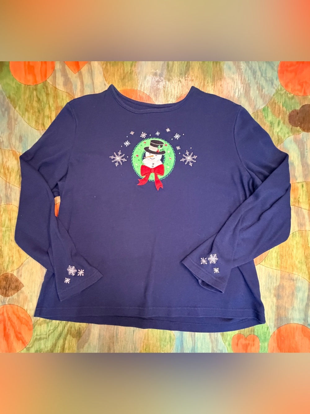 Breckenridge Blue Long Sleeve Top Sequins Snowman Embroidered Size XLarge Cotton